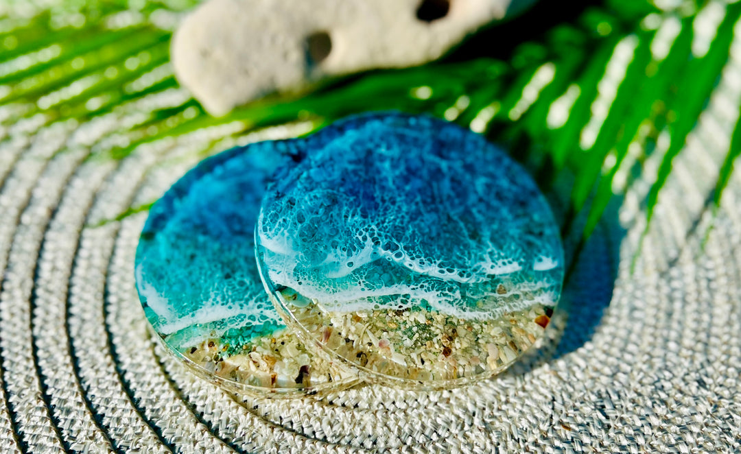 Resin Wave Coasters | Acacia Wood: Ocean Blue