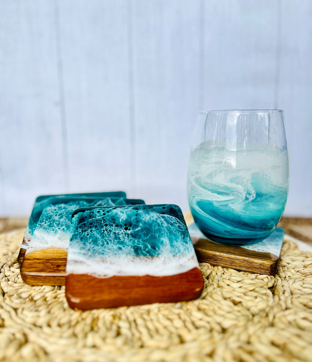 Resin Wave Coasters | Acacia Wood: Ocean Blue