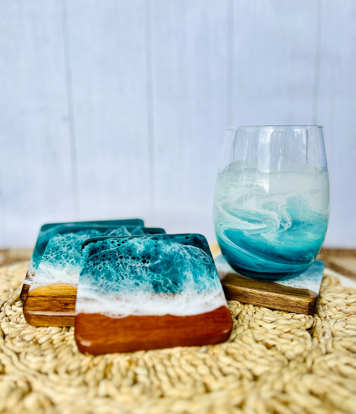 Resin Wave Coasters | Acacia Wood: Ocean Blue