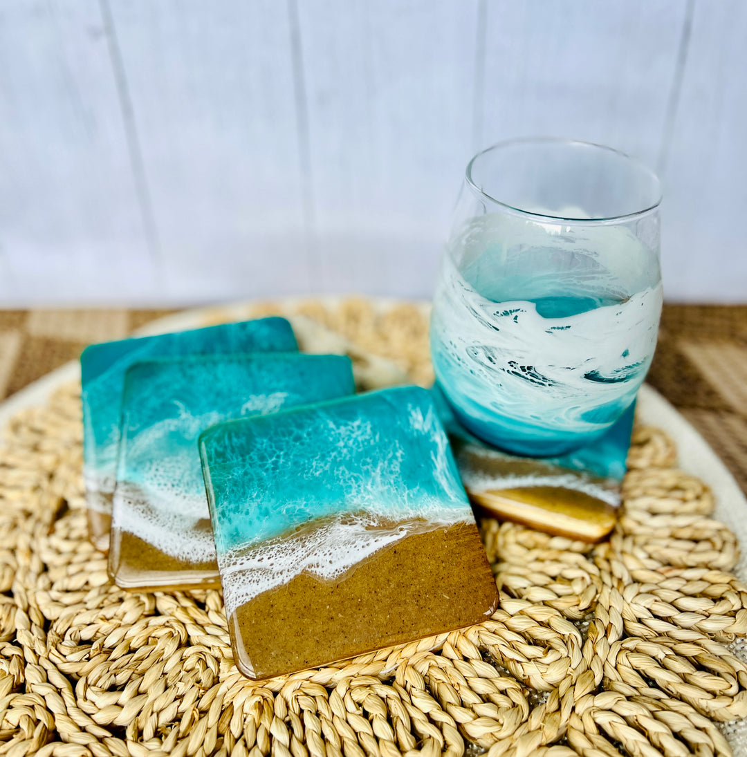 Resin Wave Coasters | Acacia Wood: Ocean Blue